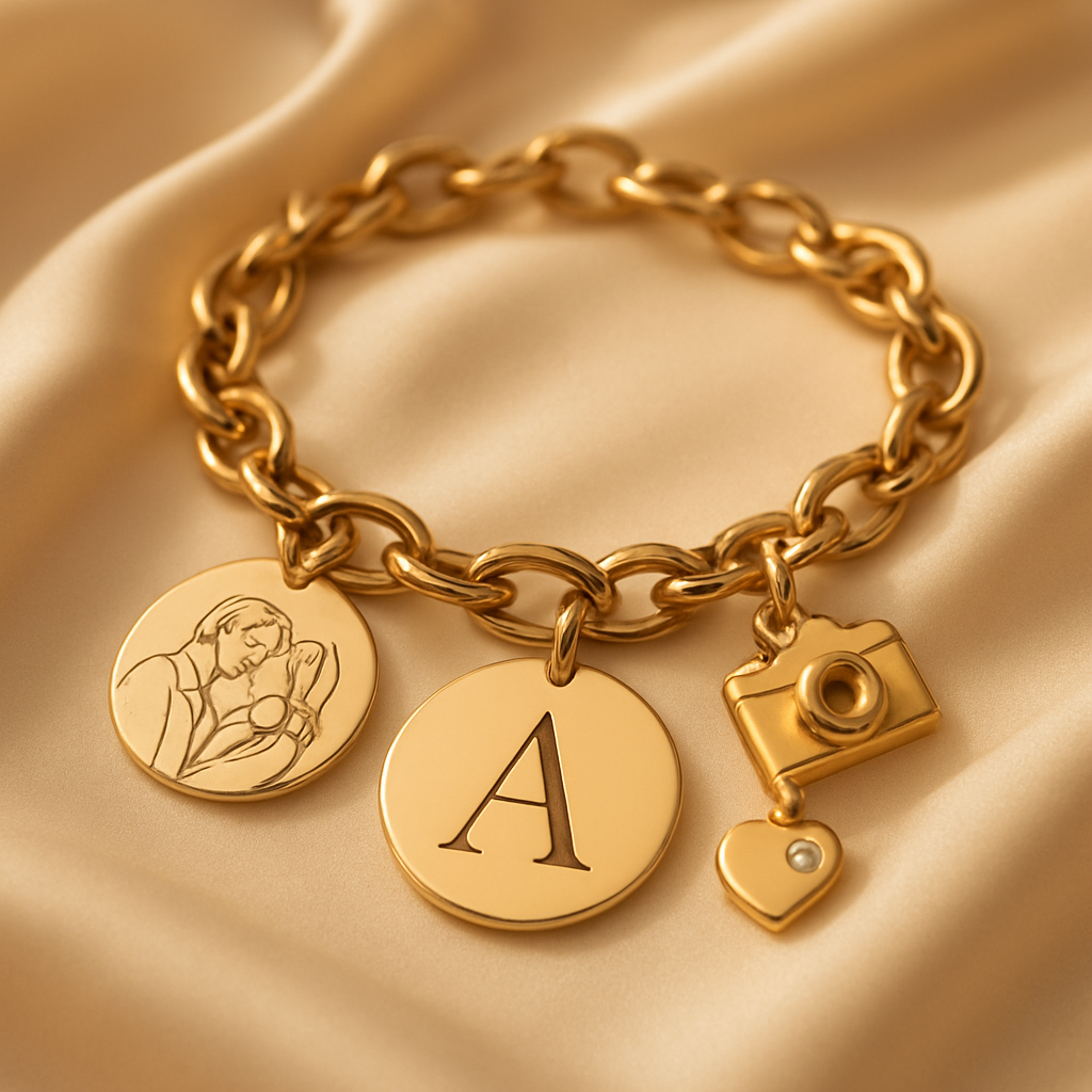 Gold charm bracelet with personalized charms resting on cream silk